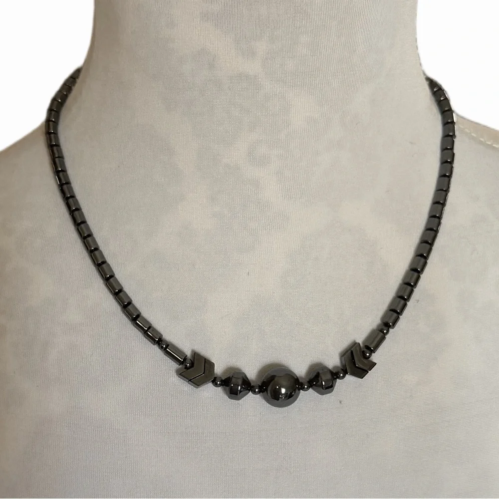 Hematite Beaded Choker Necklace - Women's Jewelry - Dark Gray